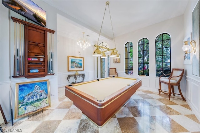 recreation room with beamed ceiling, pool table, and light tile flooring