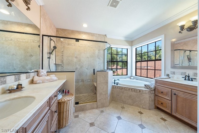 bathroom with independent shower and bath, vanity, tile flooring, and ornamental molding