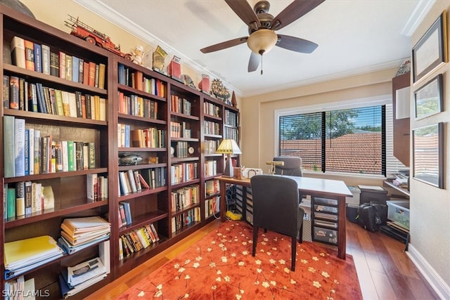 office space featuring ornamental molding and wood-type flooring