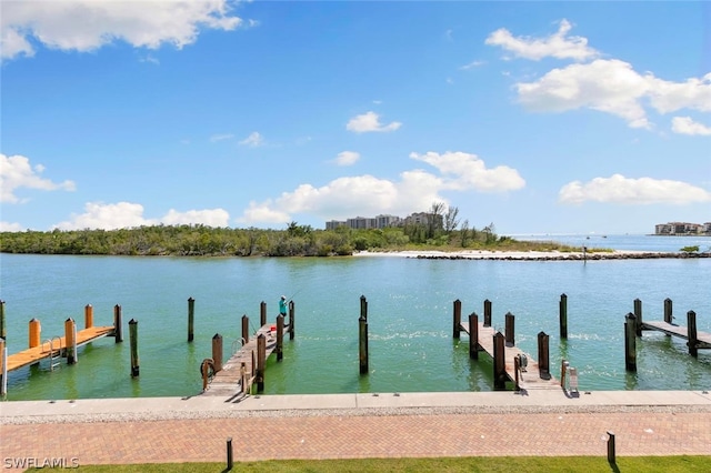 view of dock with a water view