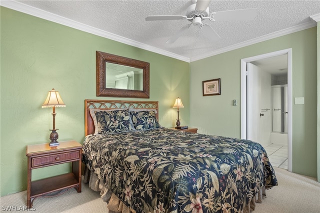 bedroom with crown molding, ceiling fan, a textured ceiling, and carpet flooring