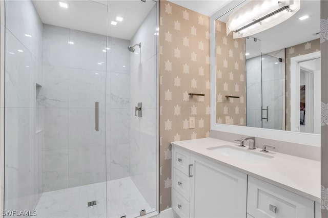 bathroom with walk in shower, oversized vanity, and a wall mounted air conditioner