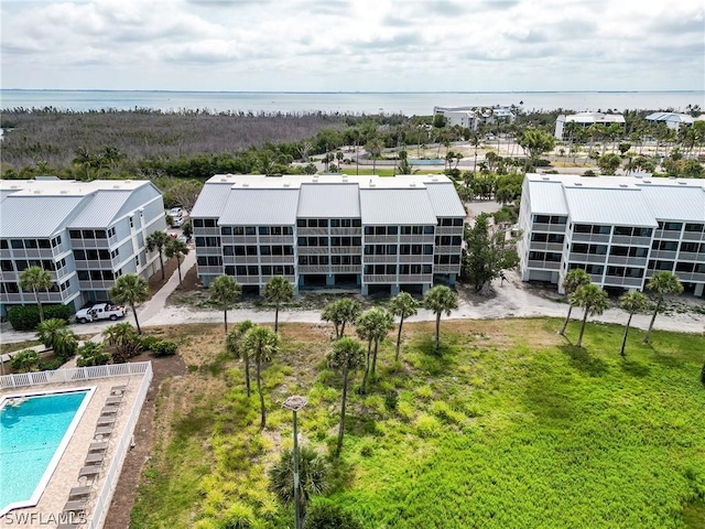 aerial view featuring a water view