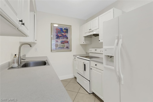 kitchen featuring white appliances, white cabinets, sink, and light tile flooring