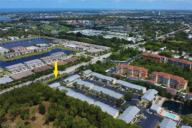 drone / aerial view featuring a water view