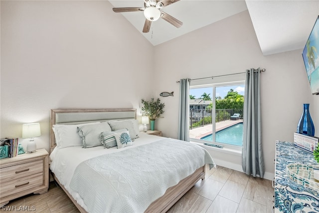 bedroom featuring high vaulted ceiling and ceiling fan