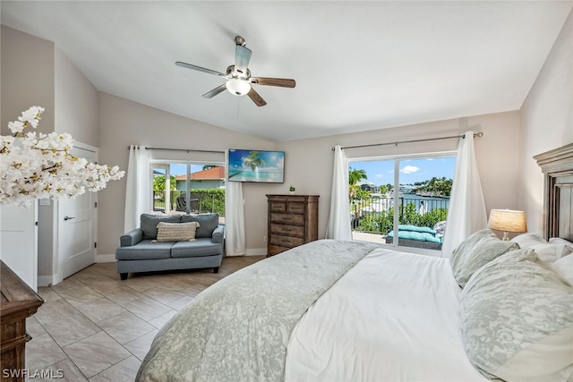 bedroom with access to outside, lofted ceiling, ceiling fan, and light tile floors