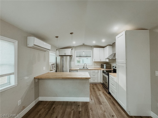 kitchen with light hardwood / wood-style floors, plenty of natural light, vaulted ceiling, and stainless steel appliances