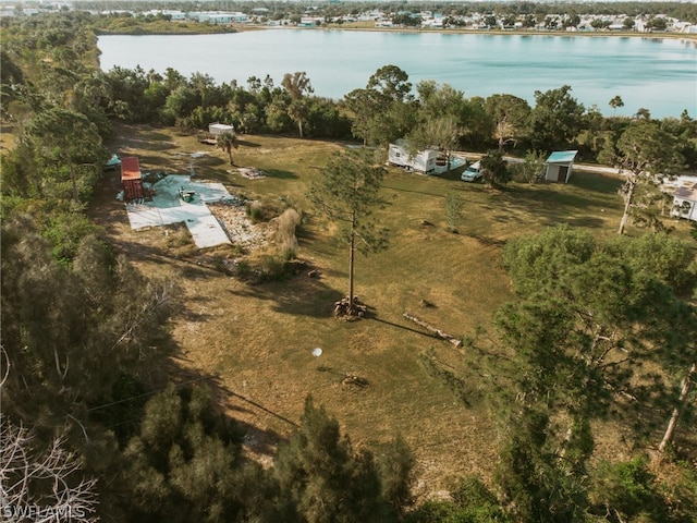 drone / aerial view with a water view