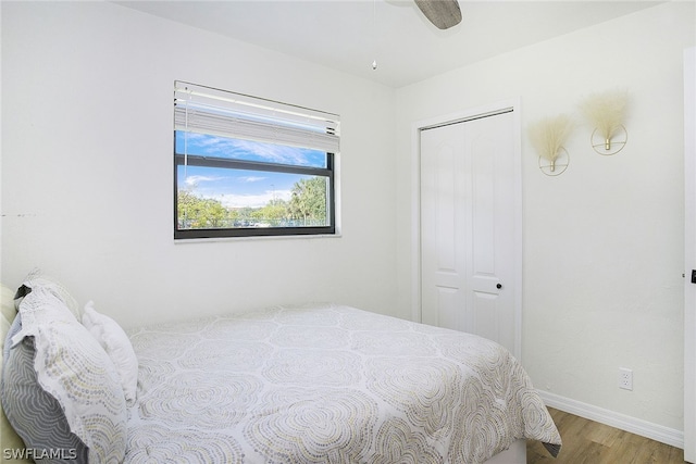 bedroom featuring ceiling fan, a closet, and wood-type flooring