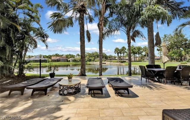 view of patio / terrace with a water view