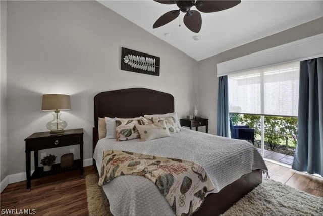 bedroom featuring vaulted ceiling, ceiling fan, dark wood-type flooring, and access to outside