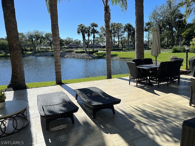 view of patio / terrace featuring a water view