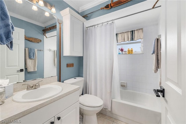 full bathroom featuring shower / bathtub combination with curtain, tile patterned floors, crown molding, toilet, and vanity