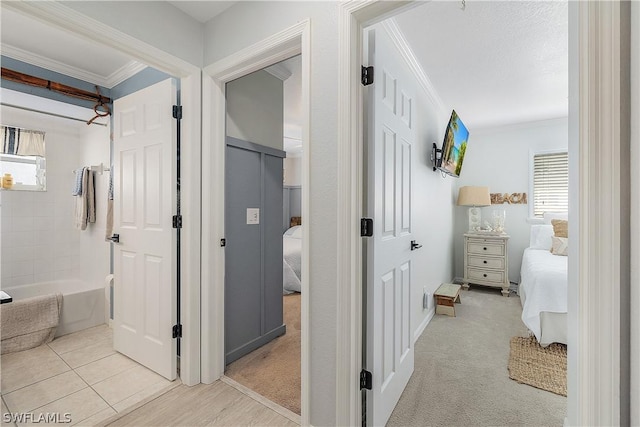 corridor featuring light colored carpet and ornamental molding