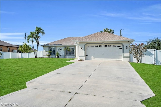 ranch-style home featuring a front lawn and a garage