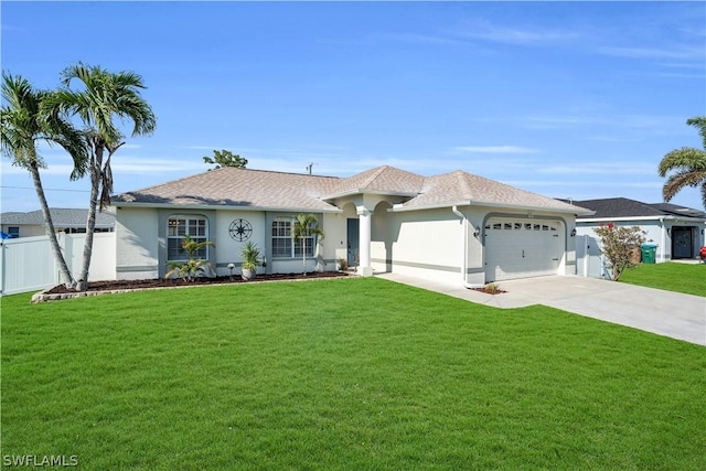 view of front of home with a garage and a front lawn