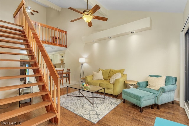 living room with high vaulted ceiling, wood-type flooring, and ceiling fan