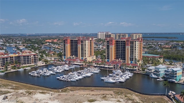 drone / aerial view with a water view