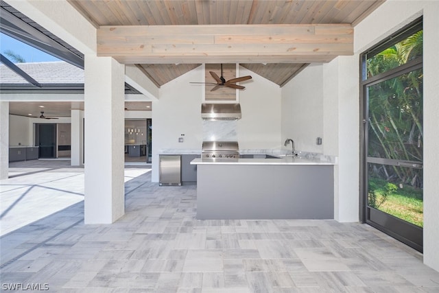 kitchen with a healthy amount of sunlight, wooden ceiling, wall chimney range hood, and ceiling fan