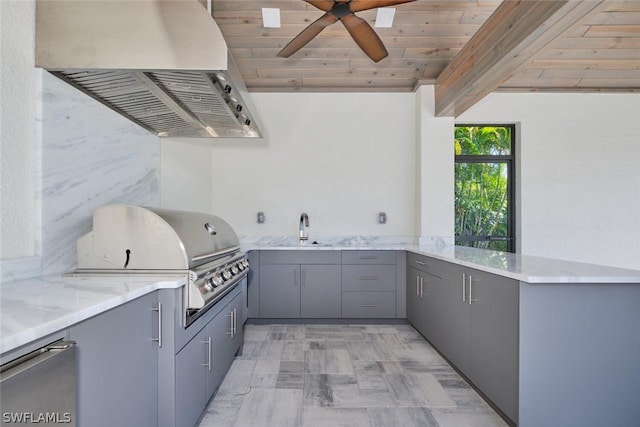 kitchen featuring wall chimney range hood, wooden ceiling, gray cabinets, fridge, and ceiling fan