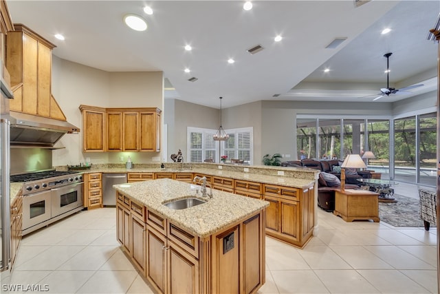 kitchen with ceiling fan, sink, light tile floors, and appliances with stainless steel finishes