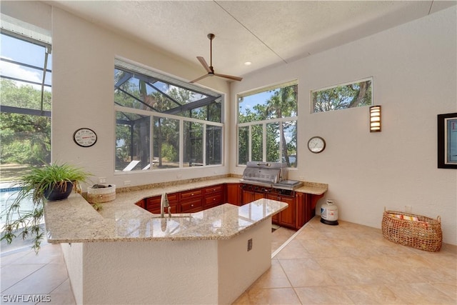 kitchen with plenty of natural light, a peninsula, a sink, and light stone countertops