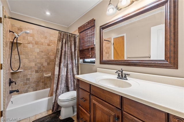 full bathroom featuring shower / bath combination with curtain, toilet, and vanity