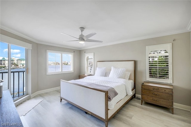 bedroom featuring ceiling fan, light wood-type flooring, access to outside, and ornamental molding