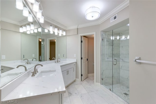 bathroom with crown molding, tile flooring, large vanity, and double sink