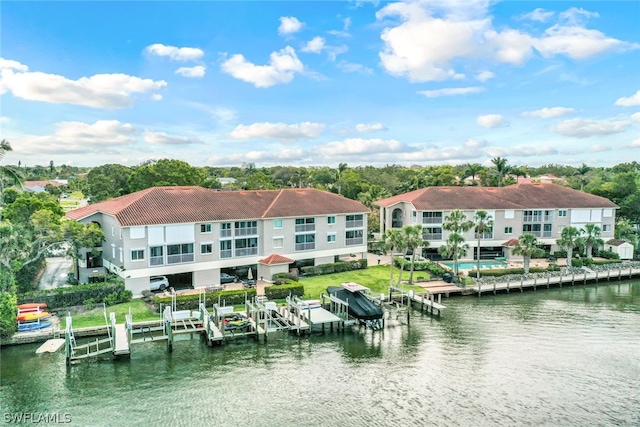 exterior space with a water view