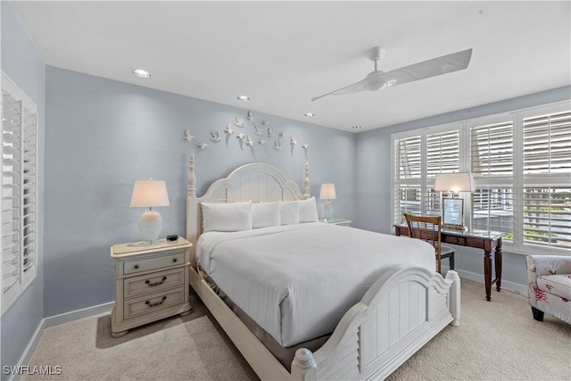 carpeted bedroom with ceiling fan