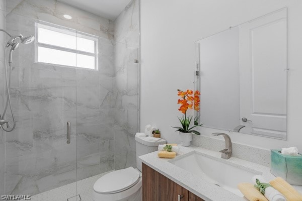 bathroom with toilet, vanity, and walk in shower