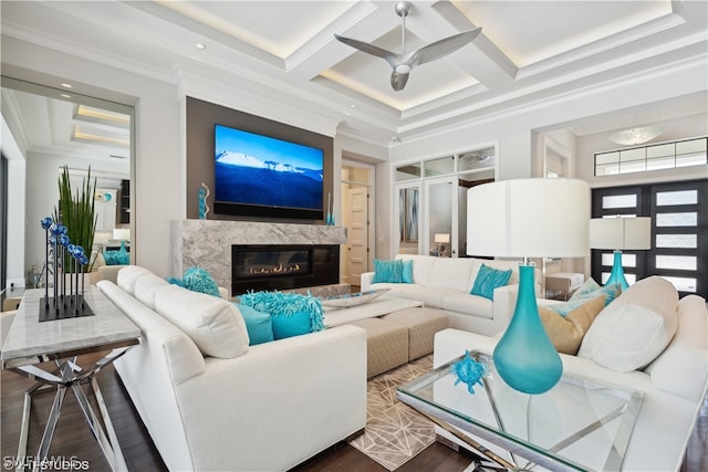 living room featuring beam ceiling, coffered ceiling, and dark hardwood / wood-style floors