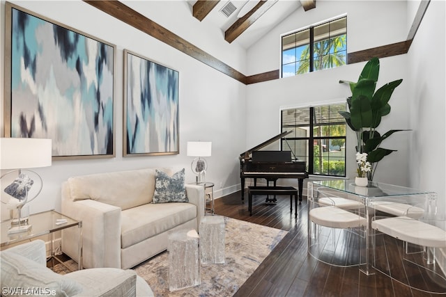 living room with high vaulted ceiling, dark hardwood / wood-style floors, and beamed ceiling