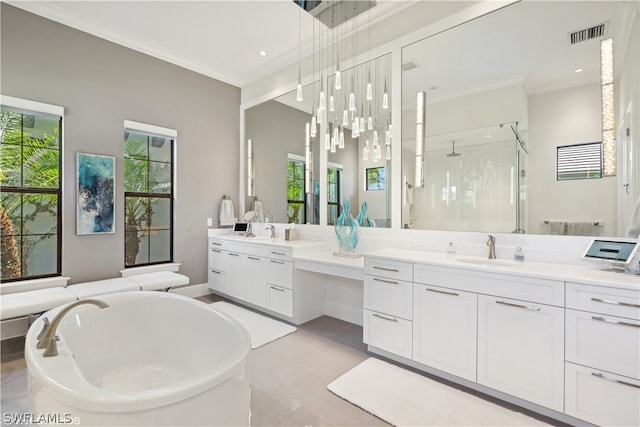 bathroom with vanity, separate shower and tub, and crown molding