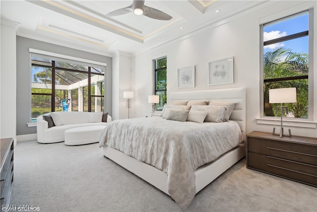 bedroom featuring crown molding, coffered ceiling, light colored carpet, and ceiling fan