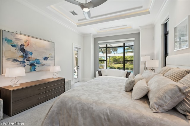 bedroom with a raised ceiling, crown molding, access to outside, and ceiling fan