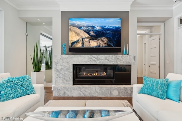 living room with hardwood / wood-style flooring, ornamental molding, and a premium fireplace