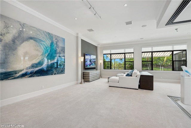 living room featuring crown molding, rail lighting, and light carpet