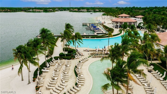 aerial view featuring a water view