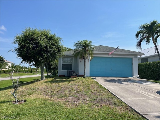 2480 Lake Ave, Naples, FL 34112 - view of front of home featuring an attached garage, driveway, a front yard, central air condition unit, and stucco siding