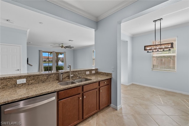 kitchen featuring ceiling fan, crown molding, sink, stone counters, and dishwasher