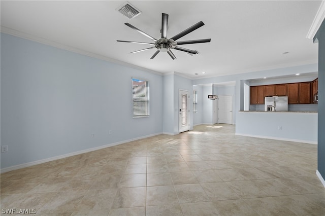 unfurnished living room with ceiling fan, ornamental molding, and light tile patterned floors