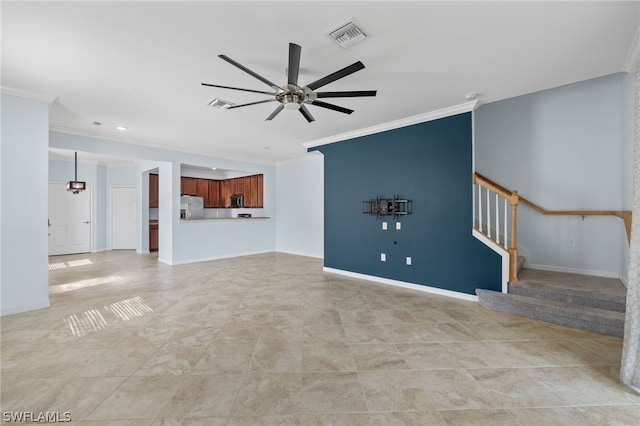 unfurnished living room featuring ceiling fan and crown molding