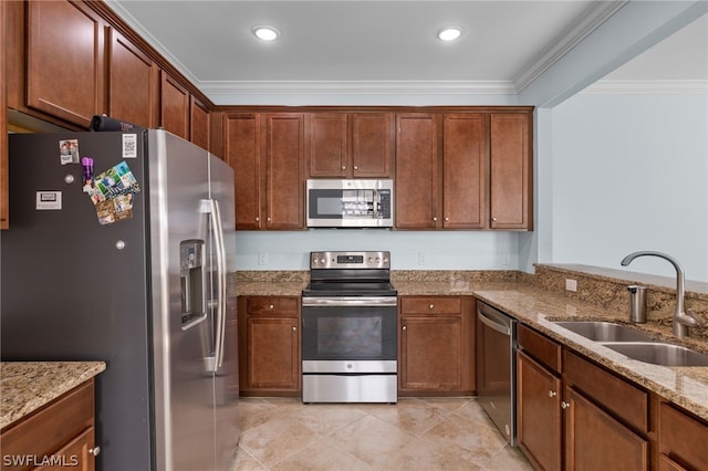 kitchen with sink, stainless steel appliances, light stone counters, crown molding, and light tile patterned floors