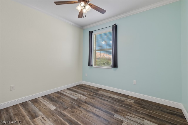 spare room featuring ceiling fan, ornamental molding, and dark wood-type flooring