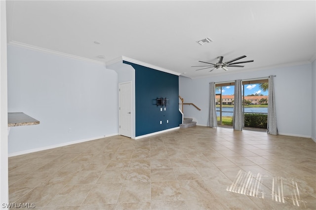 empty room featuring ceiling fan, a water view, and ornamental molding