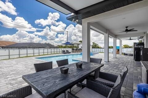 view of patio / terrace featuring a fenced in pool and ceiling fan