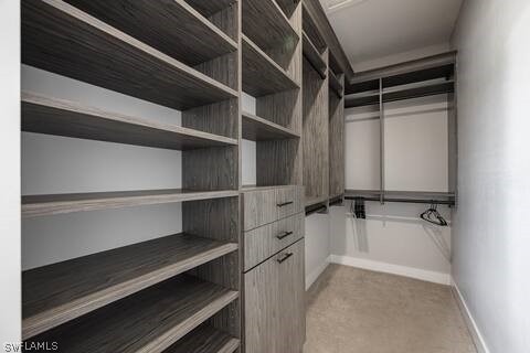 walk in closet featuring light carpet